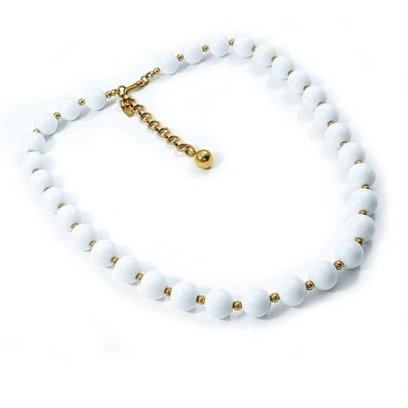 Vintage Monet Gold Tone & White Round Beads Necklace - Picture 6 of 10